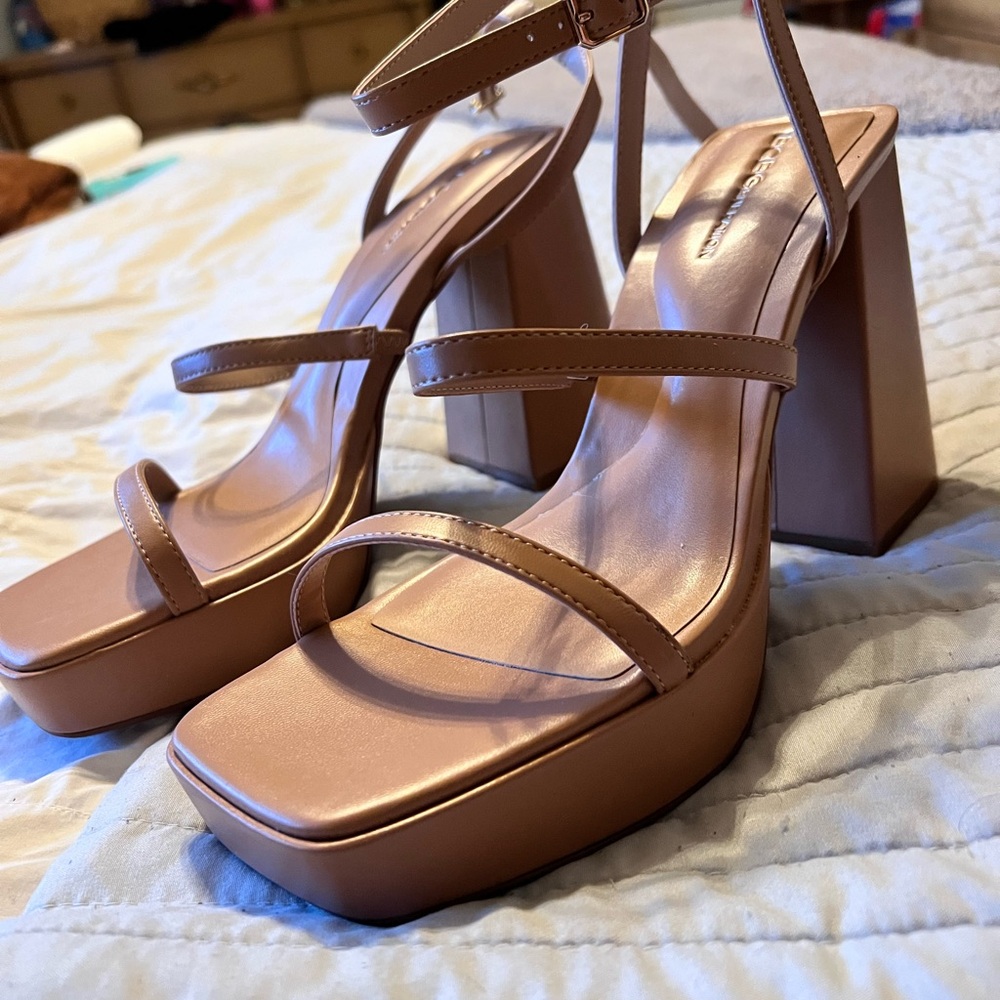 BCBGeneration Tan Strappy Block Heels